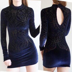 Free People Navy Sheer Velvet Burnout High Neck Mini Dress
